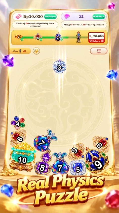 Screenshot: physics puzzle board with numbered jewels